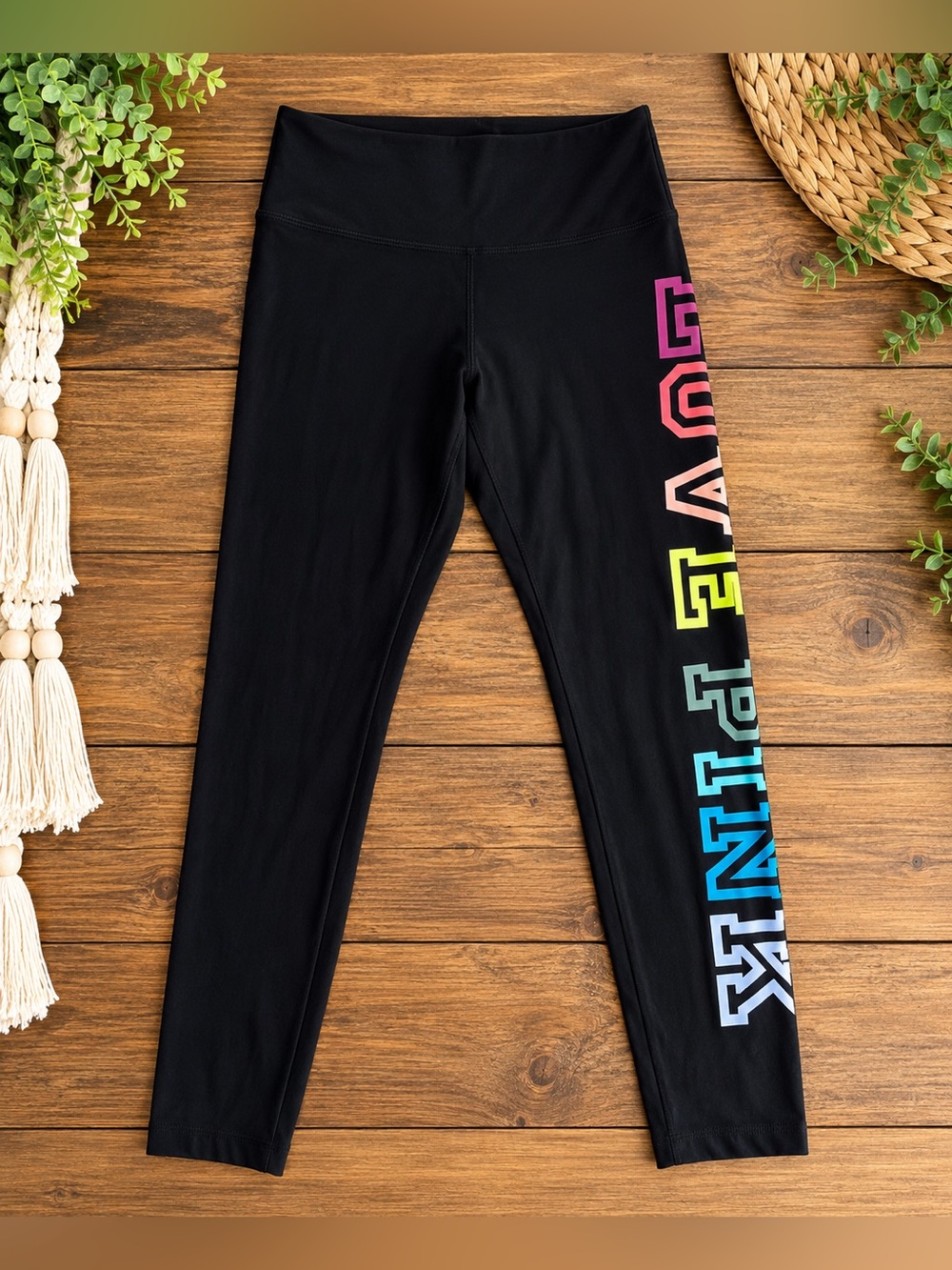 Black Leggings with Rainbow 'LOVE PINK' Side Print